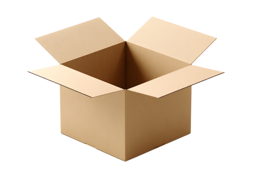 Isolated opened packaging cardboard box in close-up on a transparent background.
