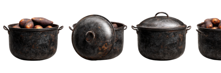 Three dark, weathered pots filled with roots