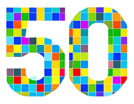 Vibrant numeric representation of fifty, composed of a mosaic of colorful squares