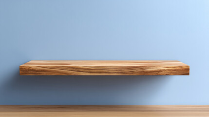 Empty wooden shelf mounted on a light blue wall with a wooden surface below blank