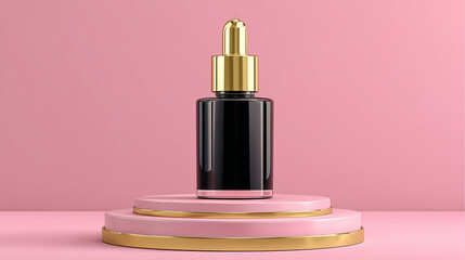 Black glass dropper bottle with gold cap on pink podium against pink background serum bottle essential oil bottle