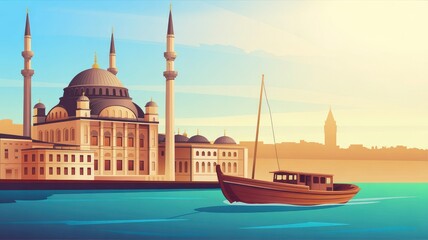 Fototapeta premium Istanbul Skyline Majestic Mosque and Traditional Boat at Sunset