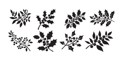  Botanical Leaf and Berry Design Elements, Berry Branch Silhouette Vector 