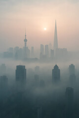 Obraz premium Futuristic City Skyline Emerging from Dense Fog
