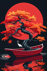 stork in boat under japanese maple tree