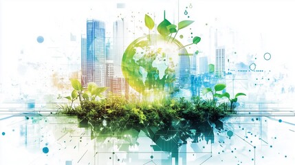 Modern eco-friendly cityscape with green plants and earth globe, ideal sustainability wallpaper blending nature and technology.

