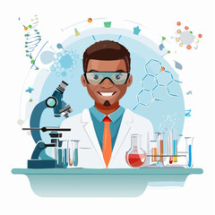 A smiling Black male scientist in a lab coat and goggles works in a laboratory with a microscope and chemical glassware.