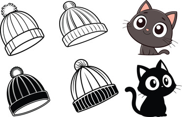 Cute Cartoon Winter Hats and Kitten Characters Featuring Black and White Line Art for Fashionable Designs