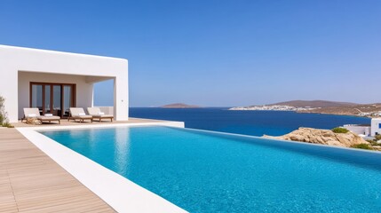 Fototapeta premium Infinity Pool Villa Aegean Sea View, Luxury Getaway, White Architecture Luxury Villa, Greece