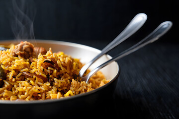 Steaming Hot Aromatic Food: Close-up of Savory Rice Dish with Meat, Served in a Dark Bowl.
