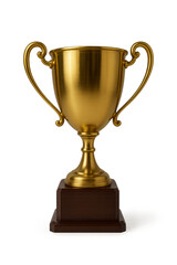 Golden trophy cup standing on wooden base with transparent background