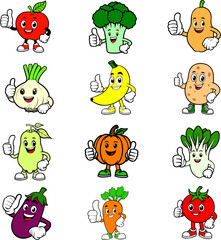 Icon pack, mascot or character, fruits and vegetables, transparent background PNG