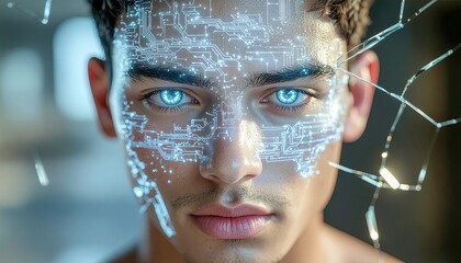 Cracked porcelain human face with glowing AI circuitry beneath the surface, emotional expression frozen, surrounded by broken mirror shards