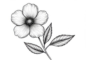 Hand drawn black and white flower with leaves isolated on white background