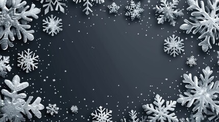 Obraz premium A decorative winter-themed background featuring snowflakes on a dark surface.