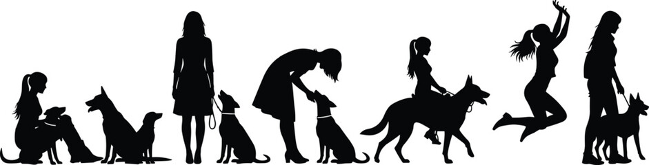 Woman and dog training silhouettes, bonding activities, sitting, jumping, interaction poses, black vector design for pet, lifestyle, obedience, care