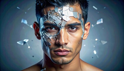 A man with a face made of shattered glass. The man's face is made of broken glass, and he is looking at the camera. The image has a dark and eerie mood