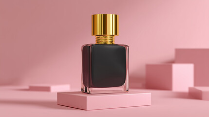 Square glass perfume bottle with black liquid and gold cap on pink pedestal glass bottle gold lid