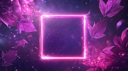 Glowing neon square frame surrounded by purple leaves and particles.