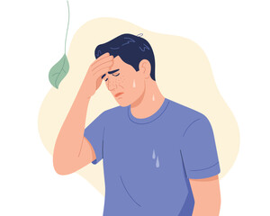 Stressed and exhausted man sweating, feeling sick with a fever or headache. Flat vector illustration.