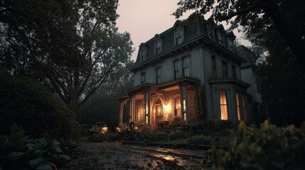 A haunted real estate listing an old Victorian house with flickering lights creaky floors and ghostly shadows in the windows