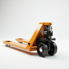 Pallet jack in bright orange color on a clean white background for industrial use

