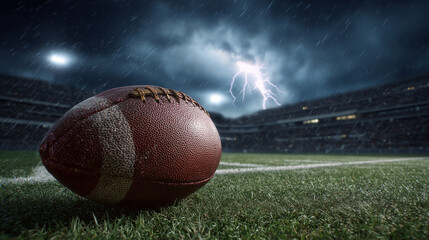 American football on grass field stadium during stormy weather with lightning strike sport game