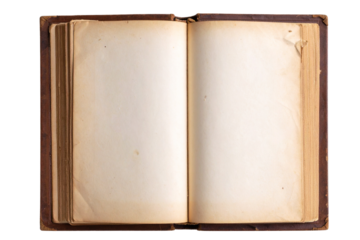 Open Vintage Book with Curled Pages and Textured Paper, isolated on transparent background