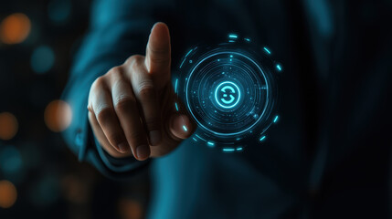 a business strategist pointing to a digital goal icon while explaining growth plan