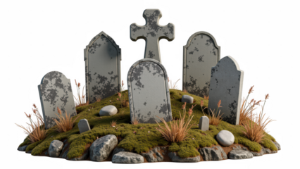 Gravestones on grassy hill, surrounded by rocks and dry grass, create serene and eerie atmosphere