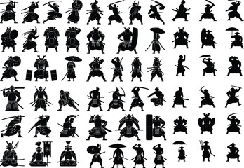 Japanese Samurai Warrior Silhouette Set – Traditional Martial Icon Pack Samurai Warrior Icon Collection – Japanese Sword Fighter Silhouette Art