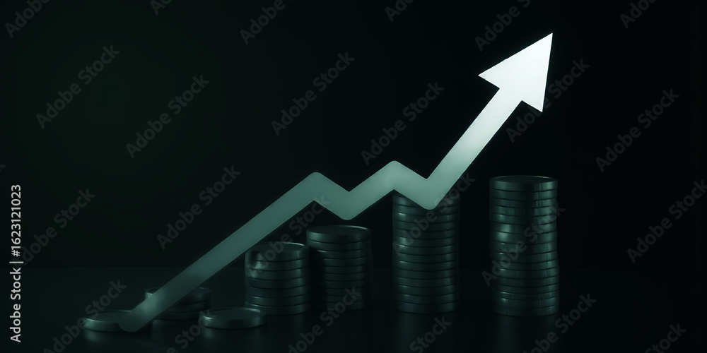 Poster a financial growth chart with a rising arrow over stacks of coins on a dark background view