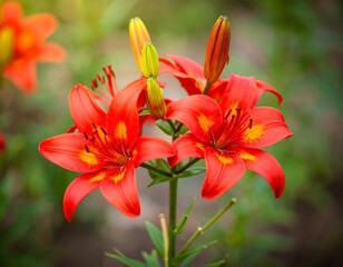 Fototapeta premium Vibrant red lilies bloom gracefully in natural outdoor setting creating botanical wonder