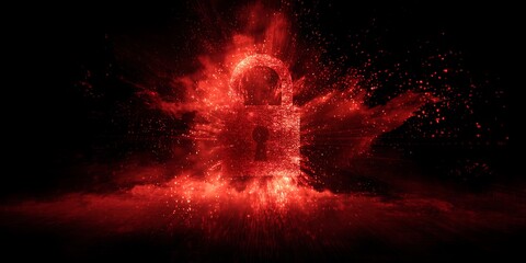 Exploding Red Lock, Digital Security Breach or System Alert Concept.