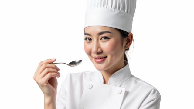 Professional chef smiling with spoon, wearing white chef coat and hat, showcasing culinary skills and confidence