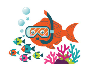 Fototapeta premium A cheerful flat vector illustration of a cartoon fish snorkeling underwater with friends near a coral reef