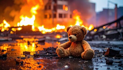 A teddy bear is sitting in the middle of a fire. The fire is very large and the bear is small