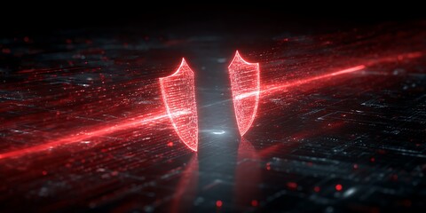 Digital security shield split by a red laser, representing a data breach and cyber attack.

