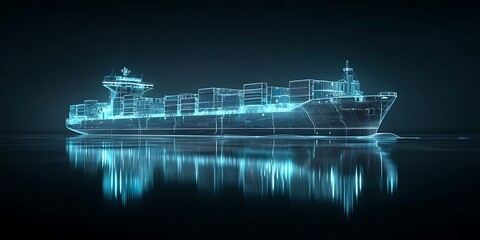 Futuristic cargo ship blueprint with a glowing wireframe, a concept of global transport and logistics.