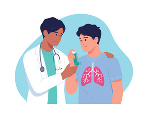 Fototapeta premium Doctor explaining how to use an asthma inhaler to a young patient