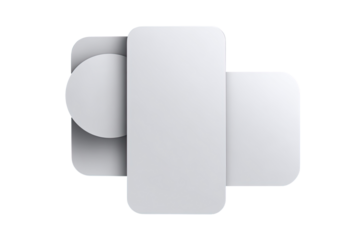 Abstract, minimalist, geometric logo design.  A light gray, 3D-styled,  overlapping shapes  create  a  symbol  with  circle, rectangles and  subtle  shadows