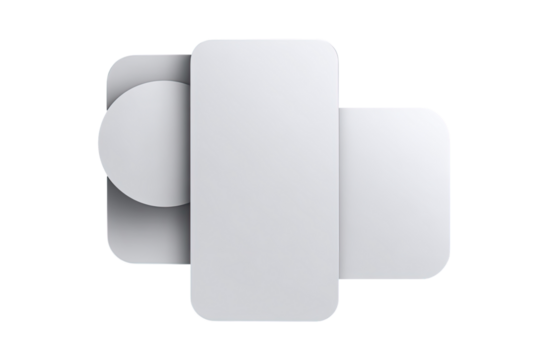 Abstract, minimalist, geometric logo design.  A light gray, 3D-styled,  overlapping shapes  create  a  symbol  with  circle, rectangles and  subtle  shadows
