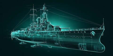 Detailed battleship blueprint with glowing lines, a futuristic naval ship design concept.