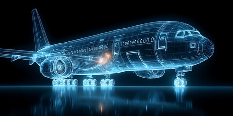 Futuristic airplane blueprint with glowing wireframe, a detailed design of advanced aerospace technology.