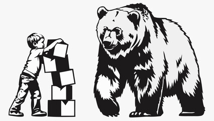 Obraz premium A boy stacks boxes next to a large bear in a black and white illustration with simple shapes and contrast silhouette