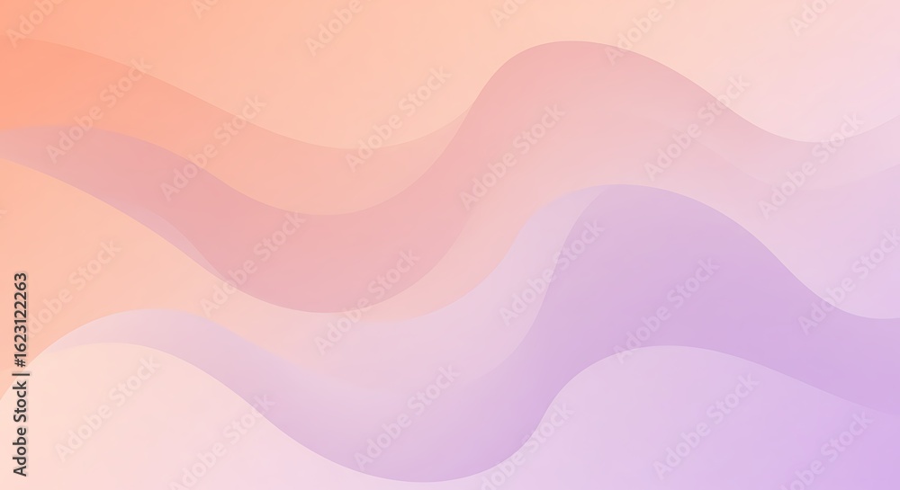 Poster abstract background with soft flowing waves in a gentle pastel gradient from peach orange to lavende