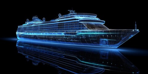 Futuristic cruise ship blueprint with glowing wireframe, a detailed design of a luxury vessel.