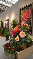 Vibrant display of colorful dahlia flowers and greenery at a botanical exhibition