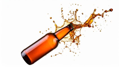 A brown beer bottle with splashes of liquid, showcasing a dynamic and refreshing beverage moment.