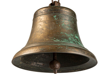 Vintage Hanging Brass Bell with Aged Patina, isolated on transparent background